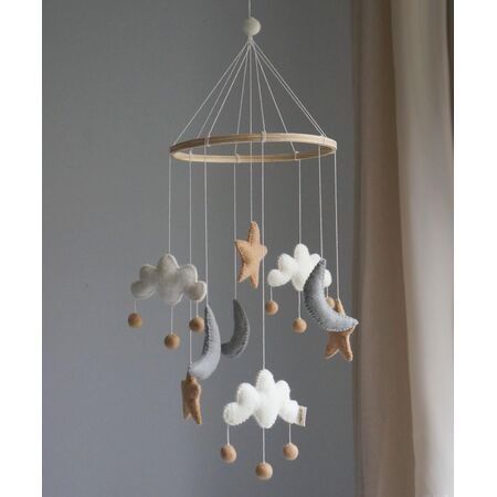 Gamcha Mobile: Wolke, Mond, Sterne beige/grau